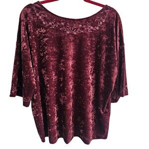 J Jill Womens Burgundy Crushed Velvet  Dainty Floral Embroidery Top